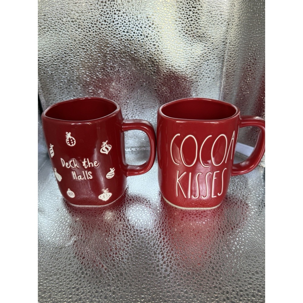 RAE DUNN Deck The Halls and Cocoa Kisses Mug Pair Red White Holiday Christmas